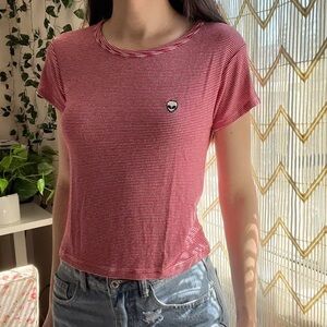 Brandy Melville Cropped Red Striped Alien Cropped Flowy Tee One Size Fits Most